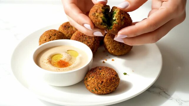 Delicious Homemade Falafel Balls with Creamy Tahini Dip Served on a White Plate.