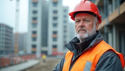 Fototapeta premium Mature construction worker in red hard hat and orange vest stands at building site. Man looks seriously ahead with blurred background of unfinished structures. Focused pro faces job.