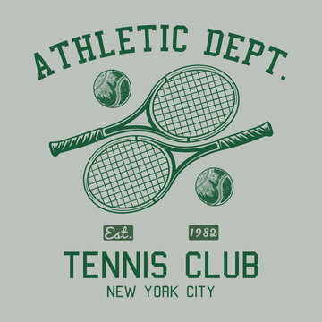 Vintage New York City Tennis Club Athletic Dept. Illustration - Retro Sports Graphic with Crossed Rackets and Tennis Balls - Est. 1982 Collegiate Varsity Style T-Shirt Design Art