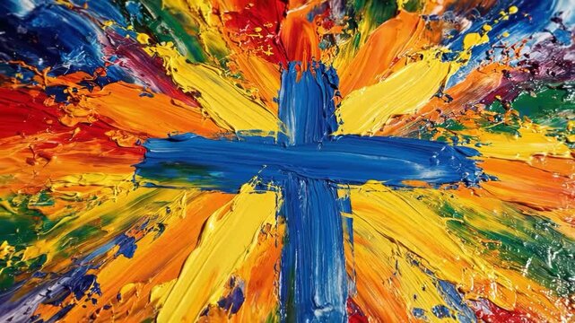 Abstract oil painting texture featuring thick impasto strokes of blue and yellow