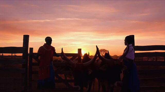 Maasai herders and cattle silhouette against a vivid African sunset