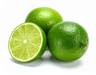 Fresh Whole and Cut Limes on White Surface