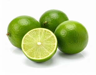 Fresh Whole and Cut Limes on White Surface