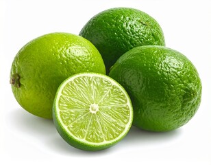Fresh Whole and Cut Limes on White Surface