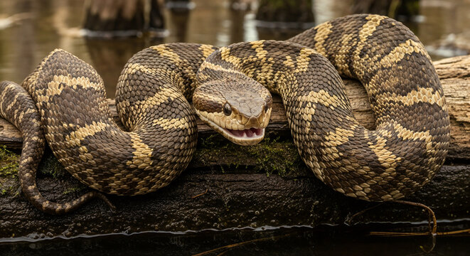 Close-Up of a Venomous Water Moccasin Cottonmouth in a Swamp Environment