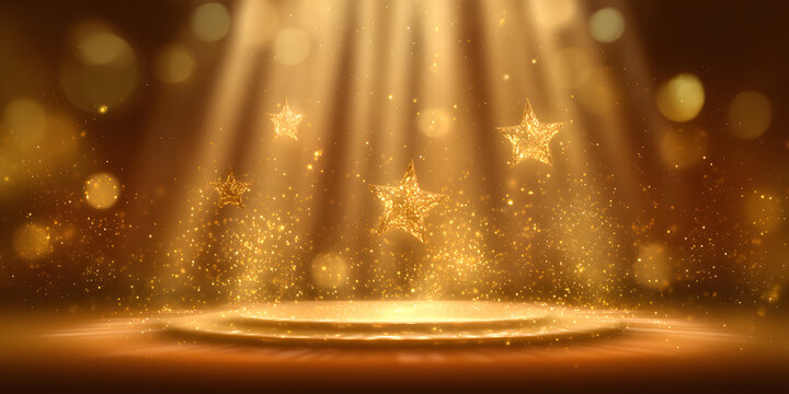 A shimmering golden stage is illuminated by brilliant light beams, featuring sparkling stars and floating particles, creating a festive and celebratory backdrop ideal for an awards show, gala, or...
