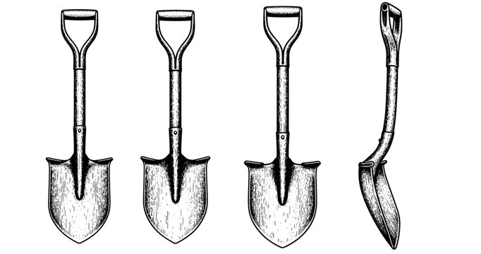 Set of four vintage shovels with wooden handles in black ink drawing