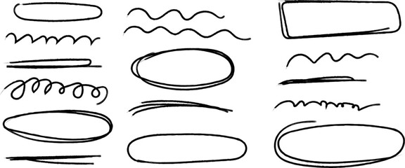 A collection of freehand sketched lines circles and scribbles in black ink on a clean white background offering versatile design elements high-quality © MDMahmudul