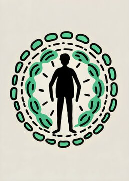 Abstract human silhouette surrounded by concentric biological shapes symbolizing microbiome, immunity, and the dynamic relationship between body and microscopic life