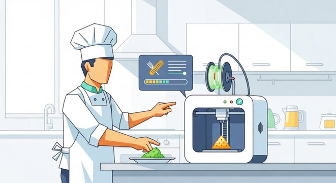 Chef using 3d food printer to create healthy cuisine in modern kitchen with digital interface