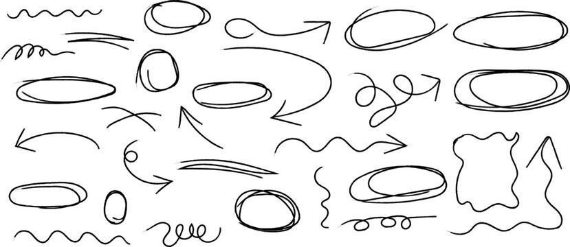 A collection of hand drawn black and white sketch elements including arrows circles lines and scribbles on a white background high-quality professional