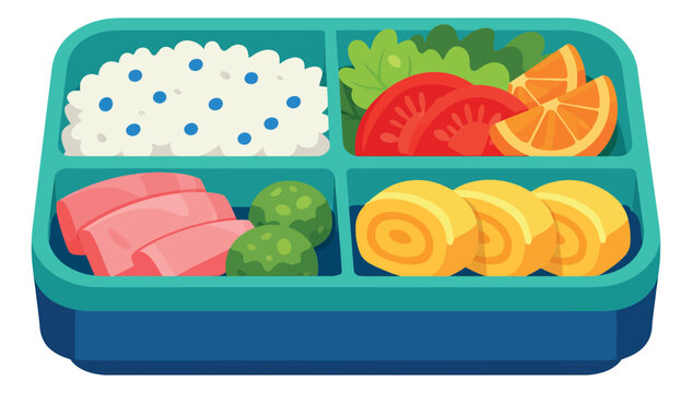 Cartoon style illustration of a bento box depicting various foods for lunch