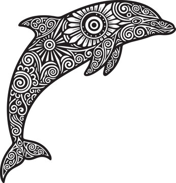 Elegant black and white dolphin with intricate tribal mandala patterns jumping gracefully