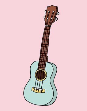 Side Perspective Icon Illustration of a Hawaiian Ukelele Guitar in Light Blue and Yellow Isolated on Light Background