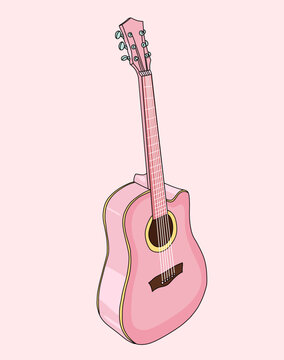 Side Perspective View Illustration of  a Classic Acoustic Guitar in Bright Pink Isolated Icon on Light Background
