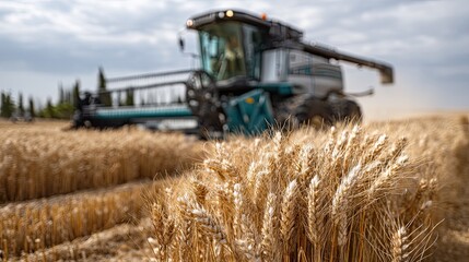 Fototapeta premium A large harvest machine cuts wheat in a field while dark clouds gather overhead during the late afternoon