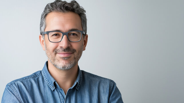 headshot portrait of middle age mature adult man. Freelancer entrepreneur isolated on white background. Happy smiling handsome 40 years old latin hispanic businessman looking at camera. High quality 