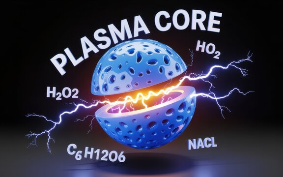 A 3D illustration of a plasma core with lightning, surrounded by chemical compounds, in a dark environment, viewed from the side.