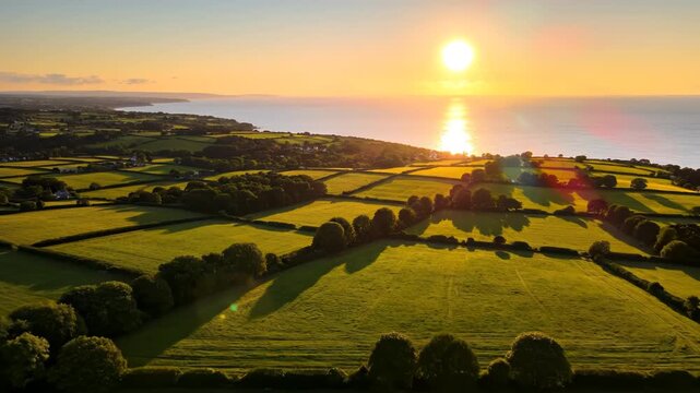 Sunset over green fields by the sea