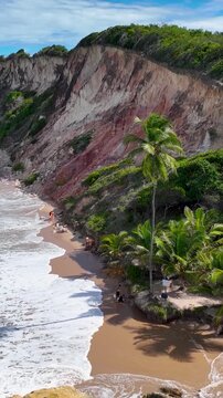 Tambaba Beach At Joao Pessoa Paraiba Brazil. Stunning Tropical Coastline Beach Scene Viewed From Above. Shore Horizon Beach Sea. Shore Seaside Panning Wide. Joao Pessoa Paraiba.