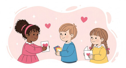 Children exchanging valentine's day cards and gifts with hearts