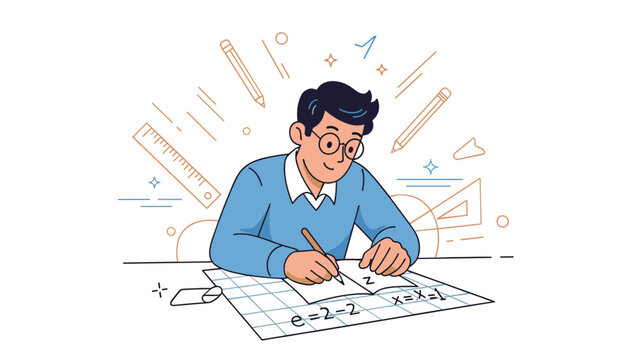 Young caucasian male solving math problems at desk with geometric tools