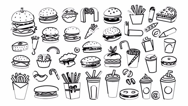Animated doodle icons for a fast food menu or promo. Hand-drawn elements with alpha channel in 4K.