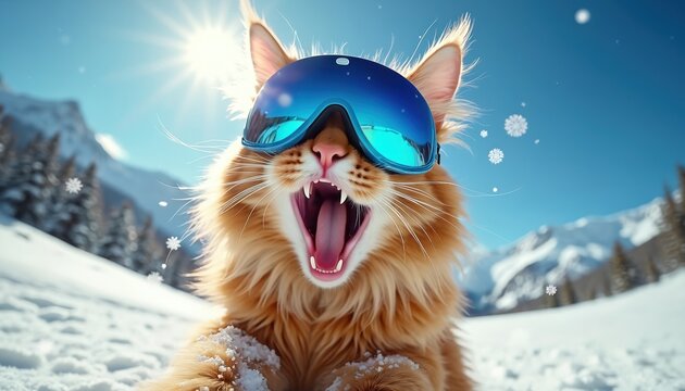 Funny orange cat wearing ski goggles opens mouth wide in snowy mountain landscape. Adorable pet enjoys winter fun, extreme sport adventure with snowflakes falling.
