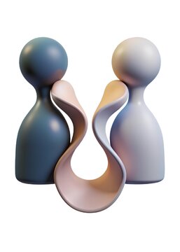 Two abstract humanoid figures connected by a flowing ribbon-like structure, symbolizing unity, duality, and harmonious interaction through visual symmetry