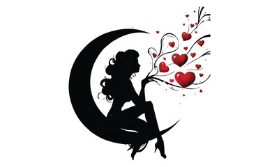 A beautiful black silhouette illustration of a woman with long hair sitting on a crescent moon blowing heart shaped kisses symbolizing love and affection