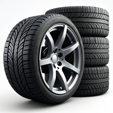 New car tires with metal alloy wheel rim are stacked on white background. Set of rubber treads for auto vehicle transport. Seasonal change of wheels.