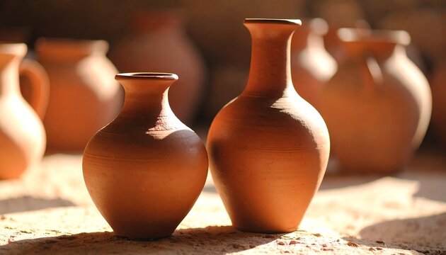 Two terracotta vases stand prominently with others blurred in the background, lit by sunlight.  The vessels have a simple, traditional design