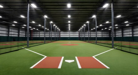 Fototapeta premium Professional indoor baseball training facility with artificial turf green field and batting cages under bright led lights in large warehouse sports complex for athlete practice and skill development
