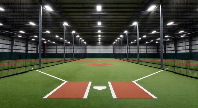 Professional indoor baseball training facility with artificial turf green field and batting cages under bright led lights in large warehouse sports complex for athlete practice and skill development