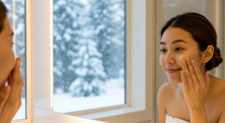 A woman applying skin care products to her skin in the bathroom.