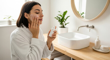 A woman applying skin care products to her skin in the bathroom.
