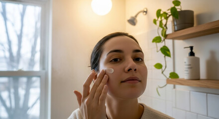 A woman applying skin care products to her skin in the bathroom.