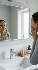 A woman applying skin care products to her skin in the bathroom.