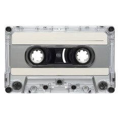 Fototapeta premium Clear Audio Cassette Tape with Cream Labels Keywords: audio cassette, cassette tape, music isolated on a transparent background