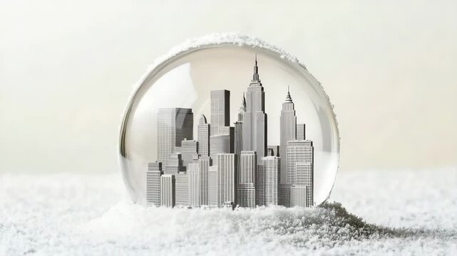 Miniature city skyline encased in glass with snow and skyscrapers creating a winter wonderland effect