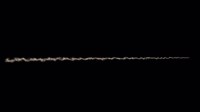 Horizontal Smoke Trail On Transparent Background Effect 

Thin horizontal smoke streak moving across frame isolated cleanly With Alpha Channel for compositing use

