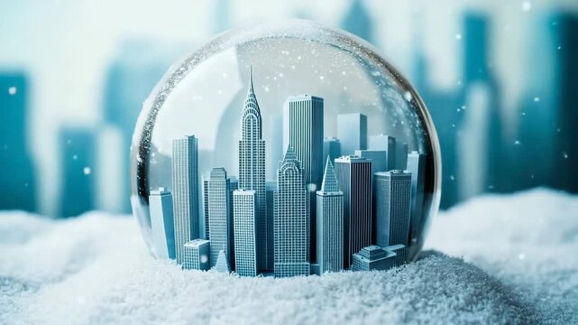 Miniature city skyline encased in glass with snow and skyscrapers creating a winter wonderland effect