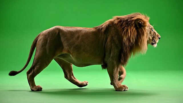 Male lion walking in side profile on green screen background, powerful African wildlife predator isolated for chroma key use