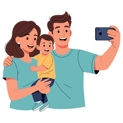 Fototapeta premium Happy caucasian family taking a selfie - mother, father, and child smiling together