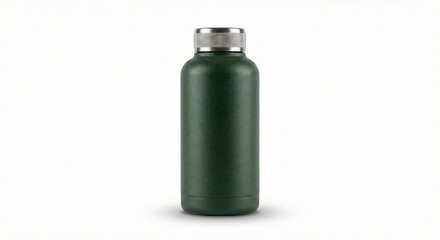 Matte dark forest green vacuum insulated thermal water bottle with stainless cap, isolated on white.