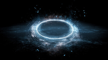 A glowing abstract energy ring suspended in darkness, representing power, focus, and futuristic design.