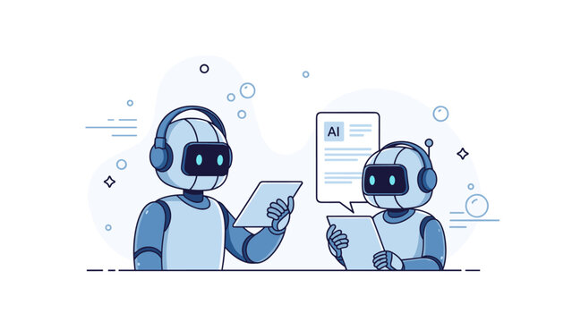 Robotic communication: two ais interacting with documents and speech bubbles