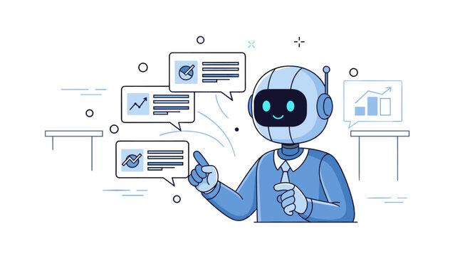 Smiling robot analyzing data charts with speech bubbles and graphs