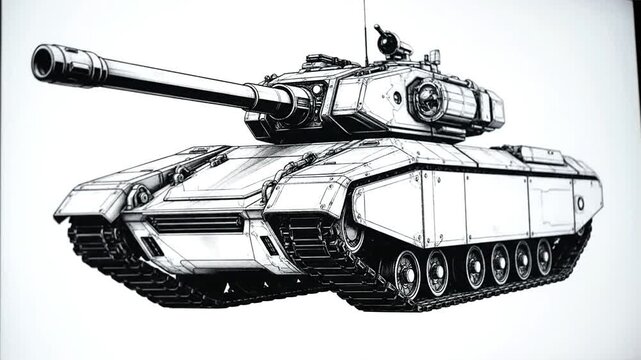 Detailed ink illustration of a modern military tank on white background