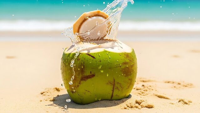 Fresh green coconut with water splashing out, sitting on a sandy beach by the ocean